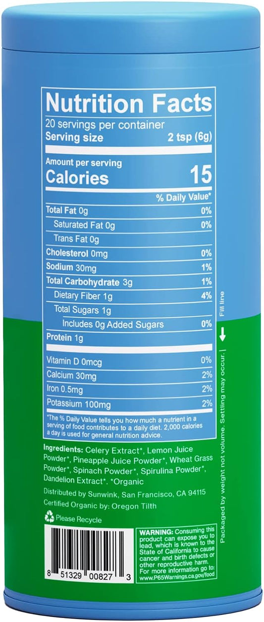 Sunwink Detox Powdered Greens - Organic Super Greens Powder Superfood for Debloat w/Celery, Dandelion, Spirulina - Daily Greens Powder for Gentle Detox - 4.2 oz (20 Servings) For Immune Support