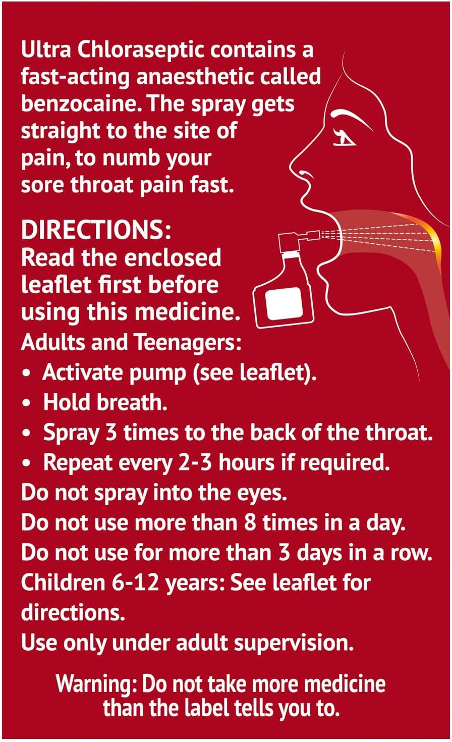 Ultra Chloraseptic Anaesthetic Throat Spray, Cherry Flavour, Fast Acting Relief for Sore Throat Pain, 15 ml (Pack of 1) : Amazon.co.uk: Health & Personal Care