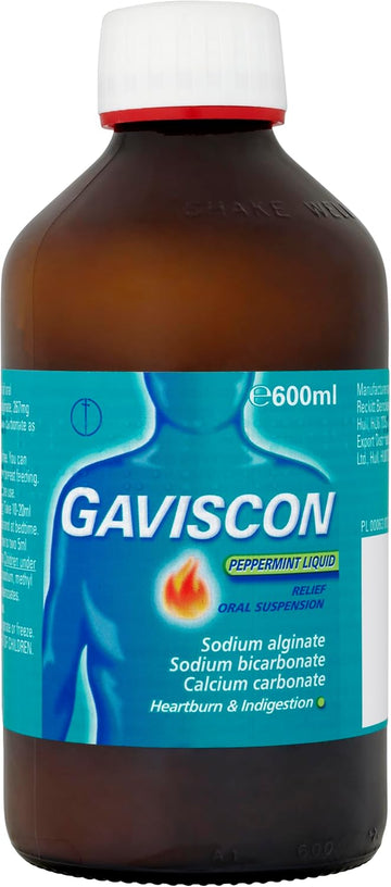 Gaviscon Peppermint Liquid 500 Ml - Fast-Acting Heartburn, Indigestion, Acid Reflux, And Nausea Relief - Digestive Health, Long-Lasting Antacid, Pregnancy Safe