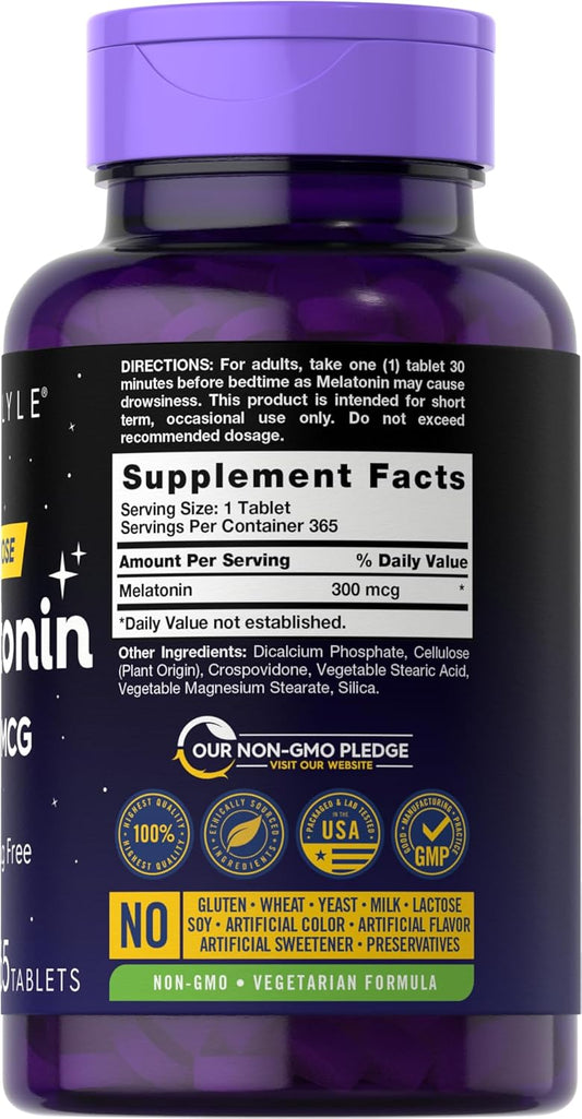 Carlyle Melatonin 300 Mcg | 365 Tablets | Low Dose | Vegetarian, Non-Gmo, Gluten Free