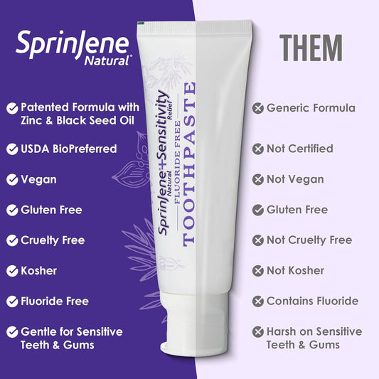 Sprinjene Fluoride Free Toothpaste for Sensitive Teeth & Gum Fresh Breath Helps Dry Mouth Natural Non Fluoride Toothpaste for Adult SLS Free, Toxic Preservative Free with Black Seed Oil & Zinc 2 Pack
