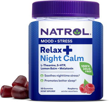 Natrol Relax + Night Calm With L-Theanine, 5-HTP, Lemon Balm and Melatonin, Drug-Free Dietary Supplement for Nighttime Stress and Better Sleep, 50 Raspberry-avored Gummies, 25 Day Supply