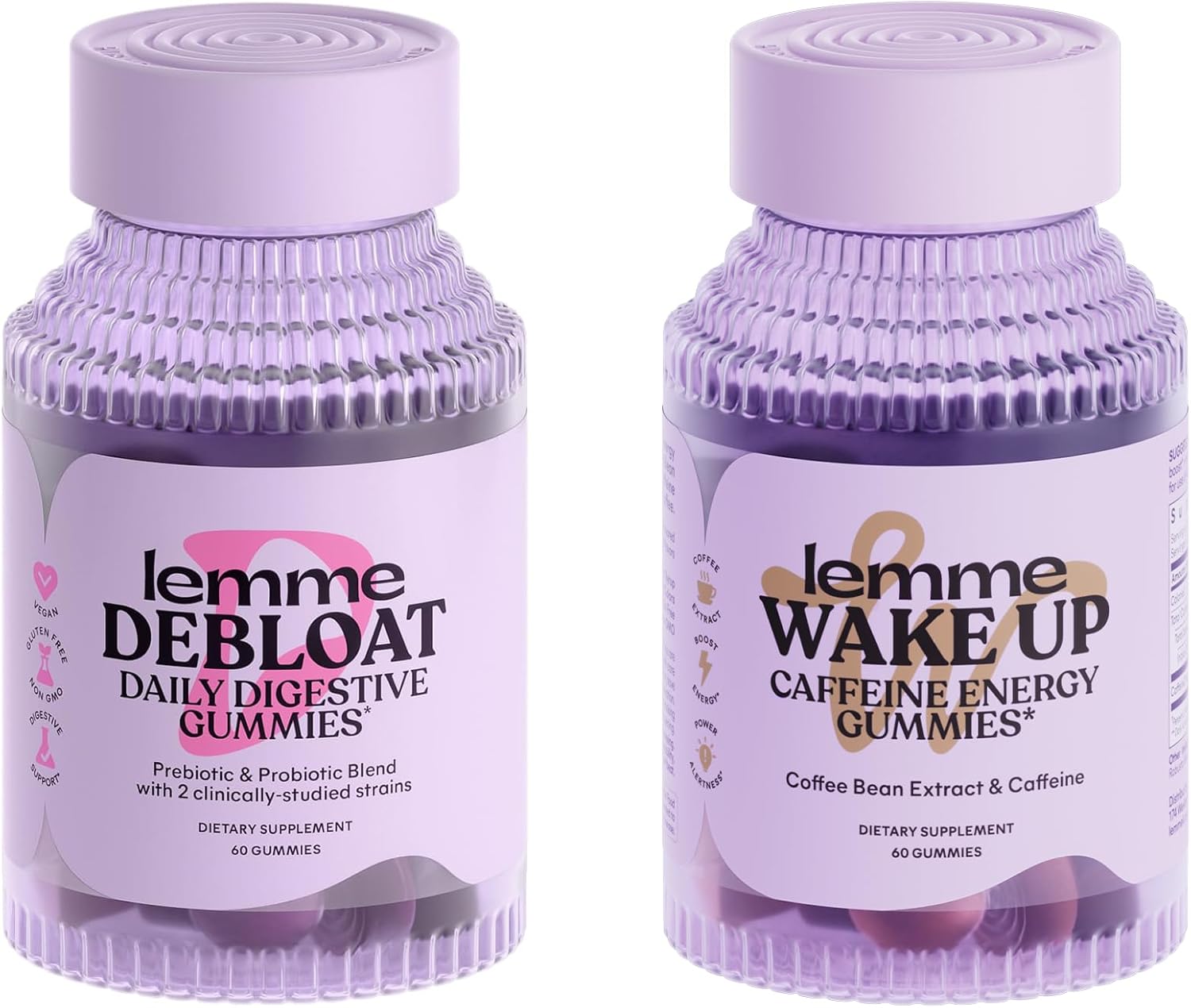 Lemme Debloat And Wake Up Bundle - Debloat Gummies For Digestive & Gut Health & Wake Up Caffeine Gummies For Energy - Vegan, Gluten-Free, Non-Gmo, 60 Count Each