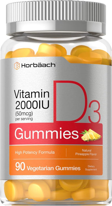 Horbäach Vitamin D3 2000Iu Gummies | 90 Count | Vegetarian | Pineapple Flavor | 50 Mcg | Non-Gmo, Gluten Free Vitamin D Supplement