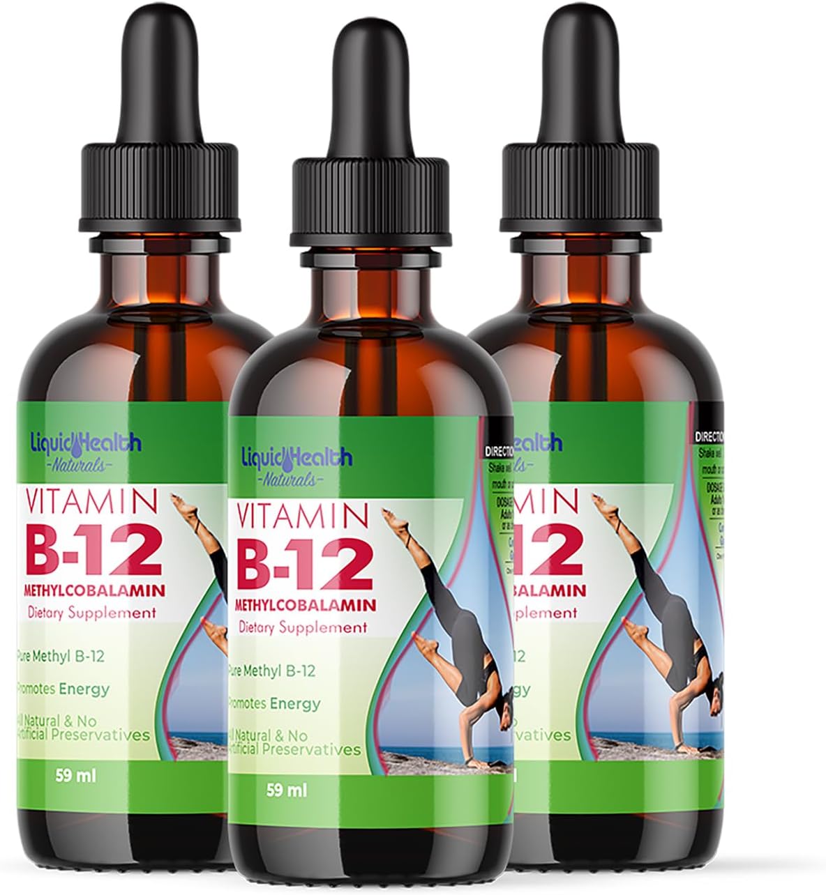 Liquidhealth Vitamin B12 Methylcobalamin Liquid Drops With Sublingual Hydroxocobalamin - Boost Energy, Support Immune System, Improve Memory & Concentration - Vegan, Sugar Free, Non-Gmo (3Pack)