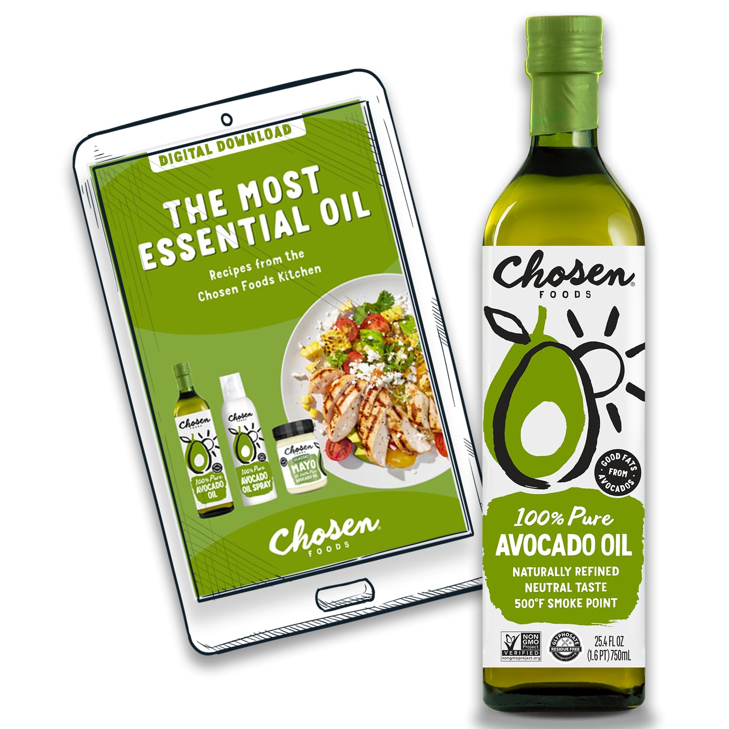 Chosen Foods 100% Pure Avocado Oil, Keto And Paleo Diet Friendly, Kosher Oil For Baking, High-Heat Cooking, Frying, Homemade Sauces, Dressings And Marinades 25.4 Fl Oz + Digital Recipe Book