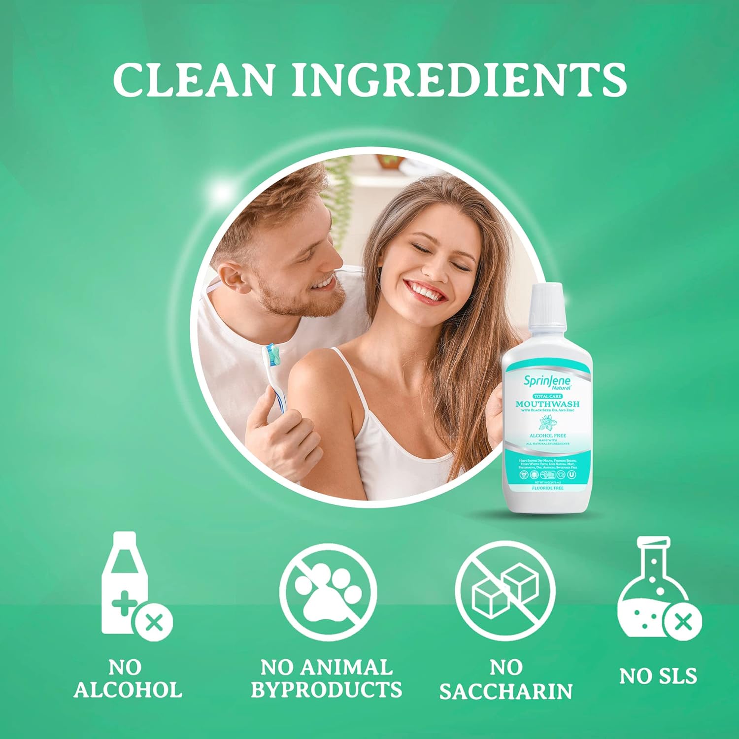 Sprinjene Fluoride Free Mouthwash Alcohol Free for Fresh Breath, Gum Health, Dry Mouth & Whitening Teeth with Black Seed Oil & Zinc - SLS Free, Toxic Free Vegan, Gluten Free, Kosher, Halal (Natural) : Health & Household