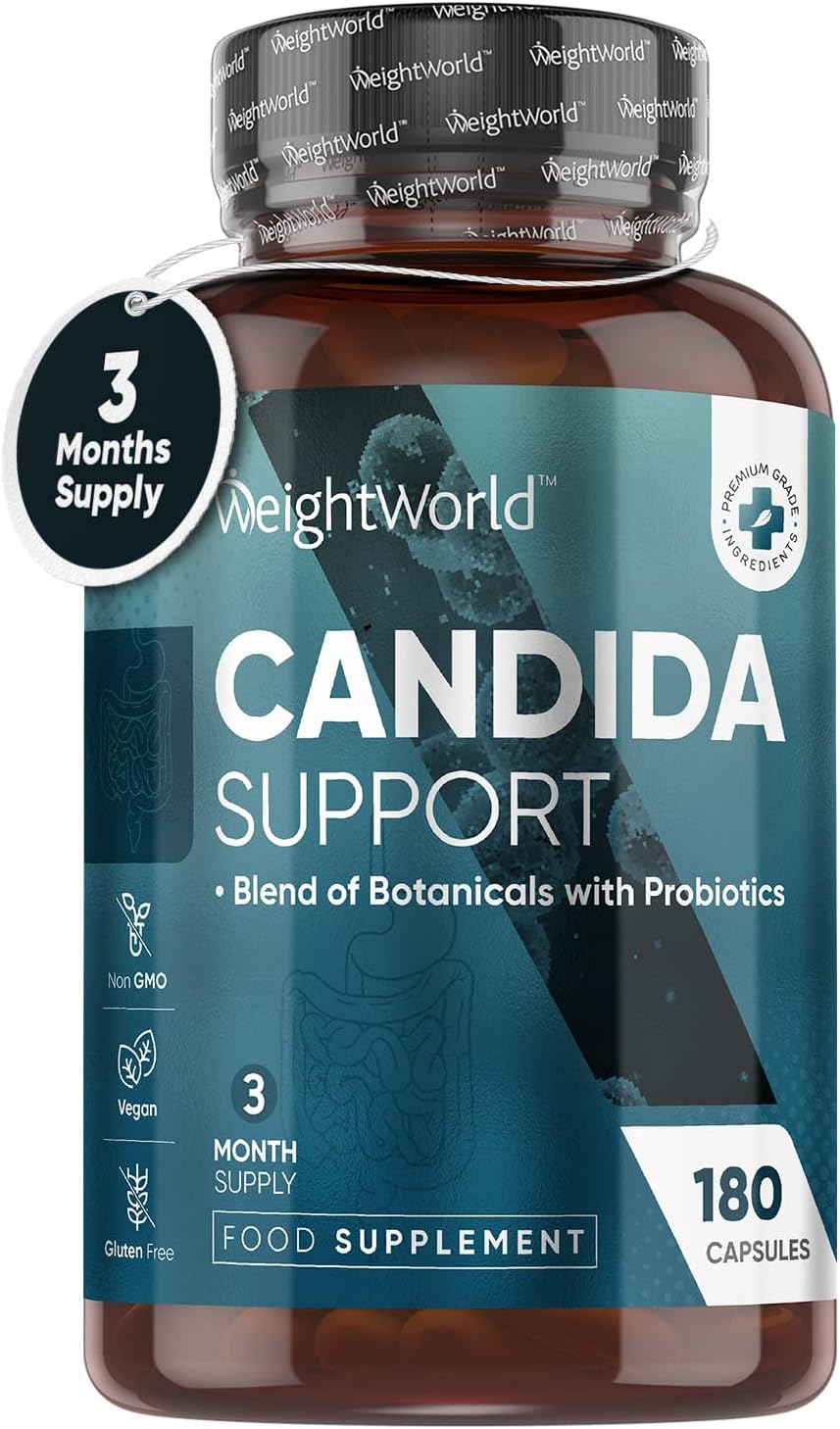 Candida Support - 180 Vegan Capsules - 3 Months Supply - For Men & Women - With Aloe Vera, Caprylic Acid, Grape Seed Extract & Rosemary Powder & Probiotics 400 Million Cfu - Candida Cleanse Supplement