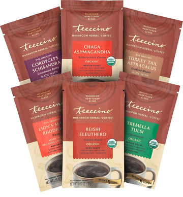 Teeccino Mushroom Adaptogen Herbal Coffee Sampler - 6 Trial-Size Packets - Chaga Ashwaganda, Reishi Eleuthero, Tremella Tulsi, Cordyceps Schisandra, Turkey Tail Astragalus, Lion’S Mane Rhodiola