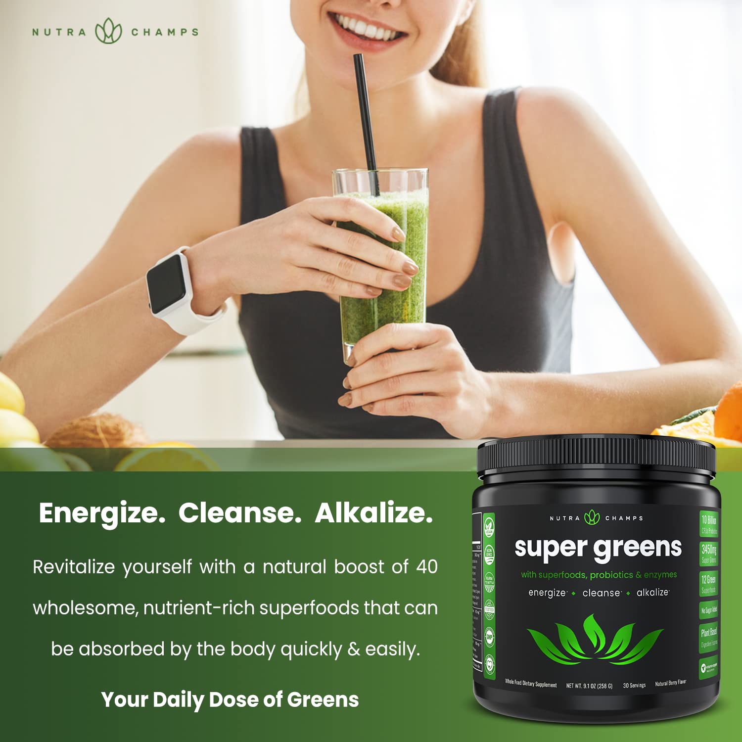 NutraChamps Super Greens Powder Premium Superfood | 20+ Organic Green Veggie Whole Foods | Wheat Grass, Spirulina, Chlorella & More | Antioxidant, Digestive Enzyme & Probiotic Blends : Health & Household