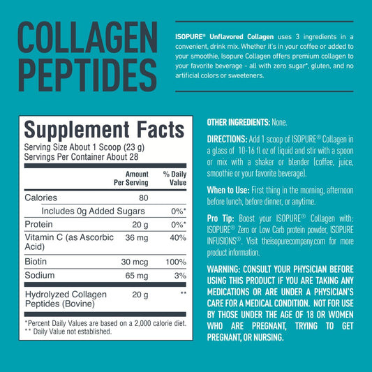Isopure Collagen Peptides Powder, Lactose Free, Gluten Free, With Vitamin C, Unflavored, 20G Collagen Peptides Per Serving, 1.42 Lb, 28 Servings