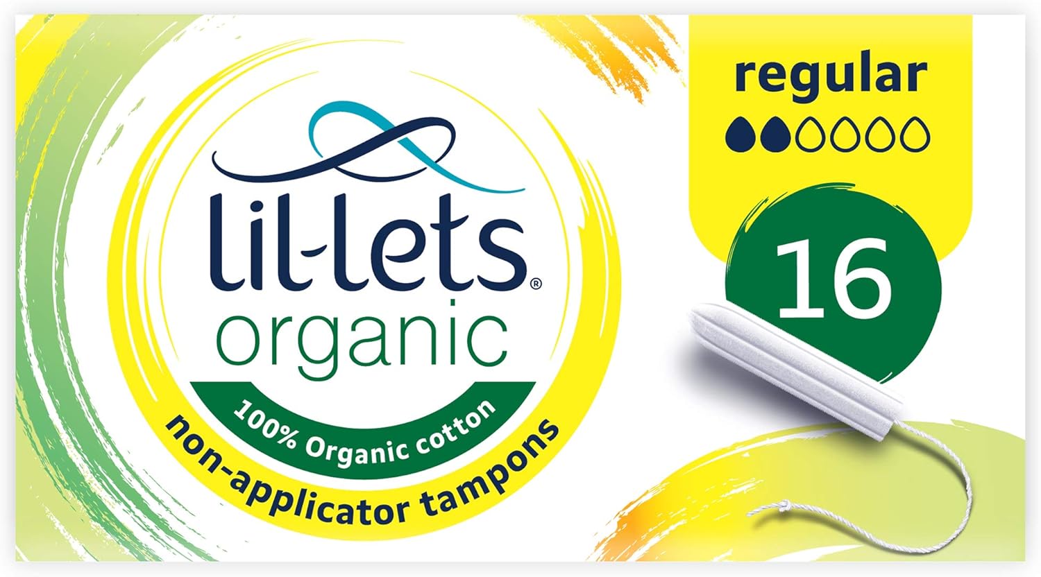 Lil-Lets Organic Non-Applicator Regular Tampons, 16 Count (Pack of 1), for Light to Medium Flow, Made with 100% Organic Cotton, GOTS Certified, Vegan Organic Tampons, Plastic Free Period Care