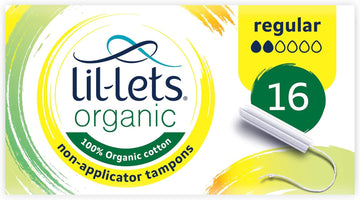 Lil-Lets Organic Non-Applicator Regular Tampons, 16 Count (Pack of 1), for Light to Medium Flow, Made with 100% Organic Cotton, GOTS Certified, Vegan Organic Tampons, Plastic Free Period Care