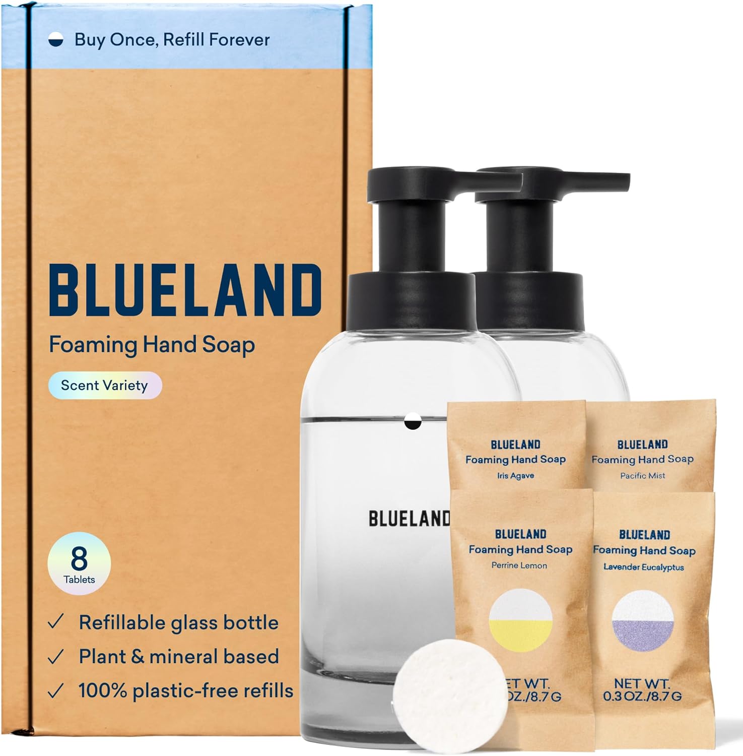 Blueland Hand Soap Duo Slate - 2 Refillable Glass Foaming Hand Soap Dispensers + 8 Tablet Refills, Variety Scents, Makes 8 X 9 Fl Oz Bottles (72 Fl Oz Total)