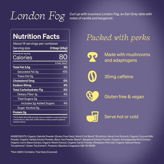 Clevr Blends London Fog Latte, Vegan, Earl Grey Instant Tea Mix, Superfood Powder Blend With Oat Milk, Black Tea, Reishi Mushroom, Organic Spices, Coconut Cream, Ashwagandha, Serve Hot Or Iced, 12 Oz