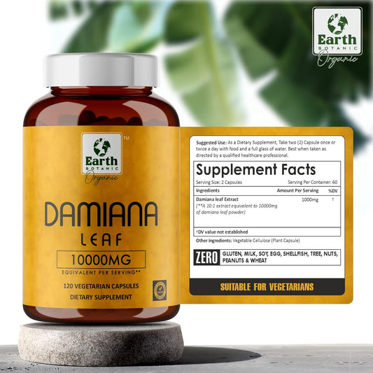 Earth BOTANIC Organic Damiana Leaf Extract 10:1 Equivalent to 10000mg 120 Capsules Gluten Free Dietary Supplements - Pure Vegan and No Additives -60 Days Supply