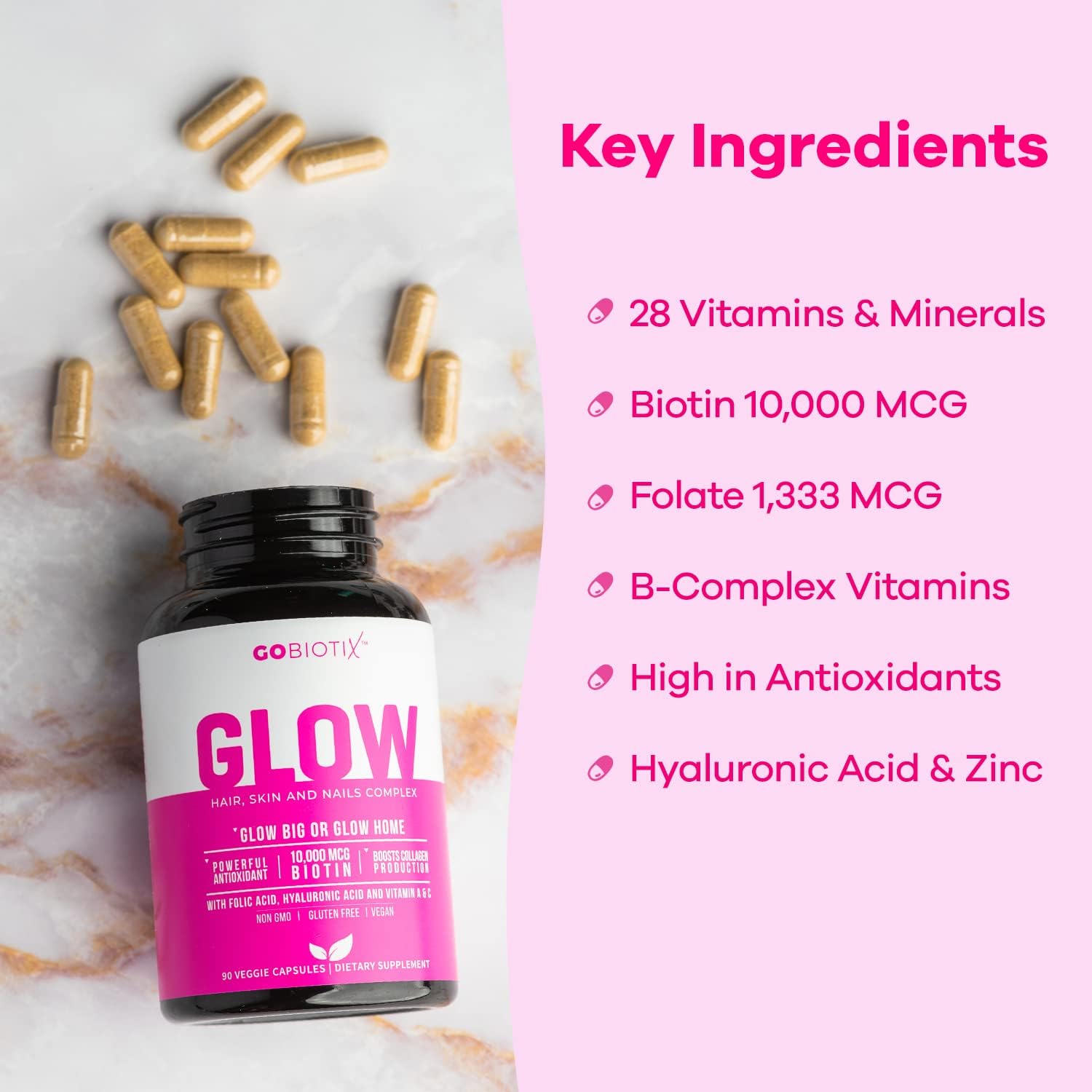 Glow Vitamins - Hair Skin and Nails Multivitamin Supplement - 10,000mcg Biotin Pills with Hyaluronic Acid, Folate, Iron, Magnesium, and Zinc - Boosts Collagen Production, Hair Growth, 90 Capsules : Health & Household