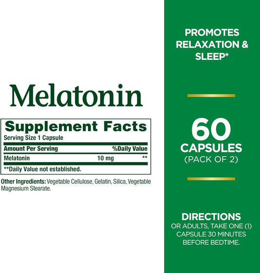 Nature'S Bounty Melatonin, 100% Drug Free Sleep Aid, Dietary Supplement, Promotes Relaxation And Sleep Health, 10Mg, 60 Count(Pack Of 2)