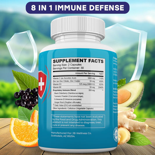 Immune Support 8 In 1 Capsules - Zinc Supplement, Vitamin D3, Vitamin C And Elderberry - Immune Booster Supplement With Echinacea, Ginger Root, And Turmeric - [3-Pack, 180 Count]