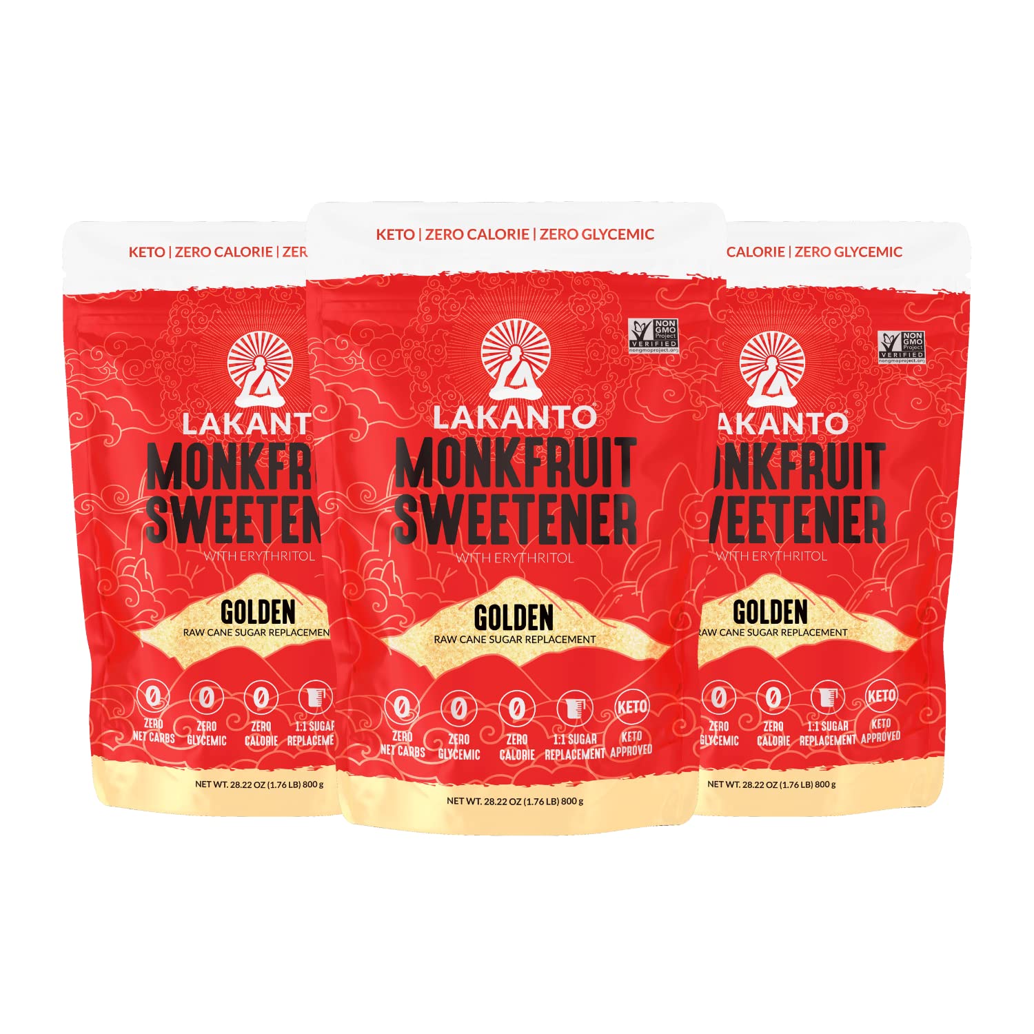 Lakanto Golden Monk Fruit Sweetener with Erythritol - Raw Cane Sugar Substitute, Zero Calorie, Keto Diet Friendly, Zero Net Carbs, Baking, Extract, Sugar Replacement (Golden - 1.76 lb Pack of 3)
