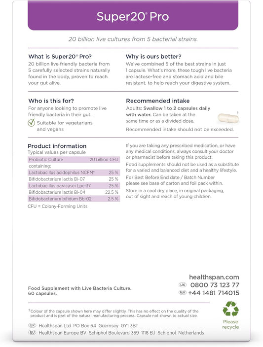 Healthspan Super20 Pro Supports A Healthy Gut (60 Capsuels) | Probiotic With 20 Billion Live Friendly Bacteria | From Five Of The Best Strains | Promotes Friendly Bacteria In Your Gut | Vegan