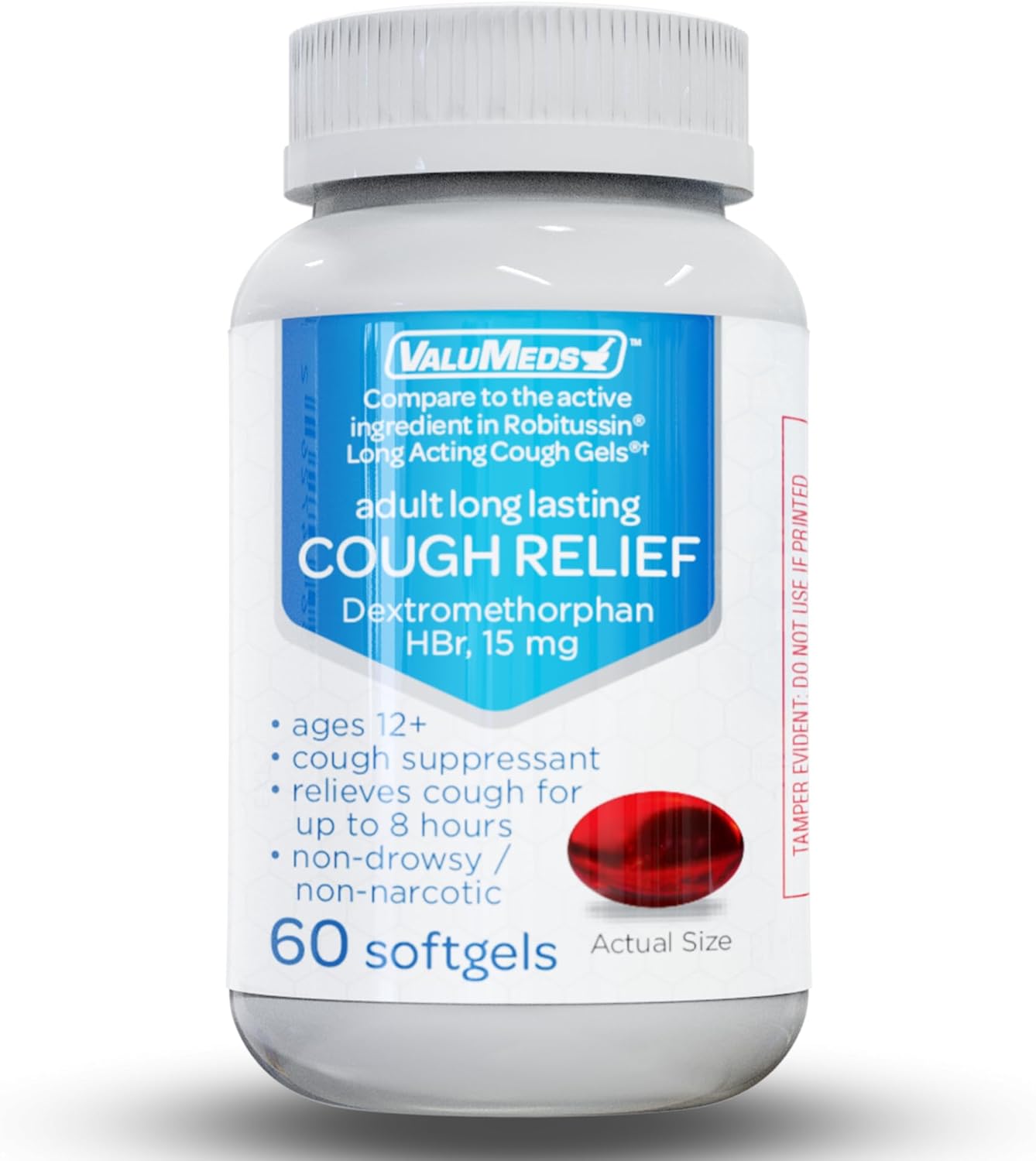 ValuMeds Cough Relief for Adults Dextromethorphan HBr Cold Medicine for Sore Throat 15mg (60 Softgels) 8-Hour, Non-Drowsy, Long-Lasting Bronchial Suppressant