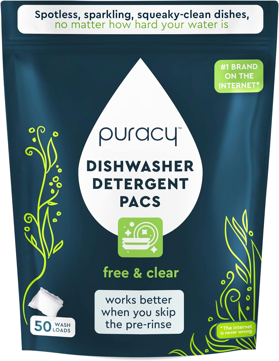 Puracy Dishwasher Pods 50 Count, Natural Dishwasher Detergent, Free & Clear Dish Tabs, Tiktok Trend Items, Enzyme-Powered, Spot & Residue-Free, Must Haves from Tiktok Made Me Buy It