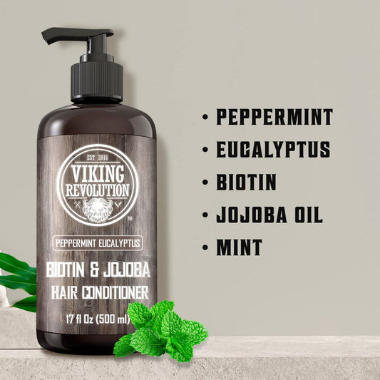 Viking Revolution Biotin Mens Conditioner - Eucalyptus And Peppermint Conditioner With Jojoba Oil And Mint Oil - Peppermint Oil Hair Conditioner For Men - Conditioner For Dry Hair (17 Oz)