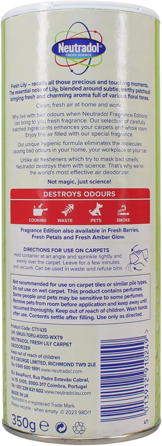Neutradol Carpet Deodoriser, Vac Scents, Odour Neutraliser Powder For Carpets & Rugs, Fresh Lily, Multipack Of 2 X 350G