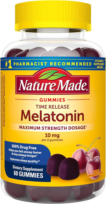 Nature Made Time Release Melatonin 10Mg Per Serving Gummies, Maximum Strength Dosage, 100% Drug Free Sleep Aid For Adults, 60 Melatonin Gummies, 30 Day Supply
