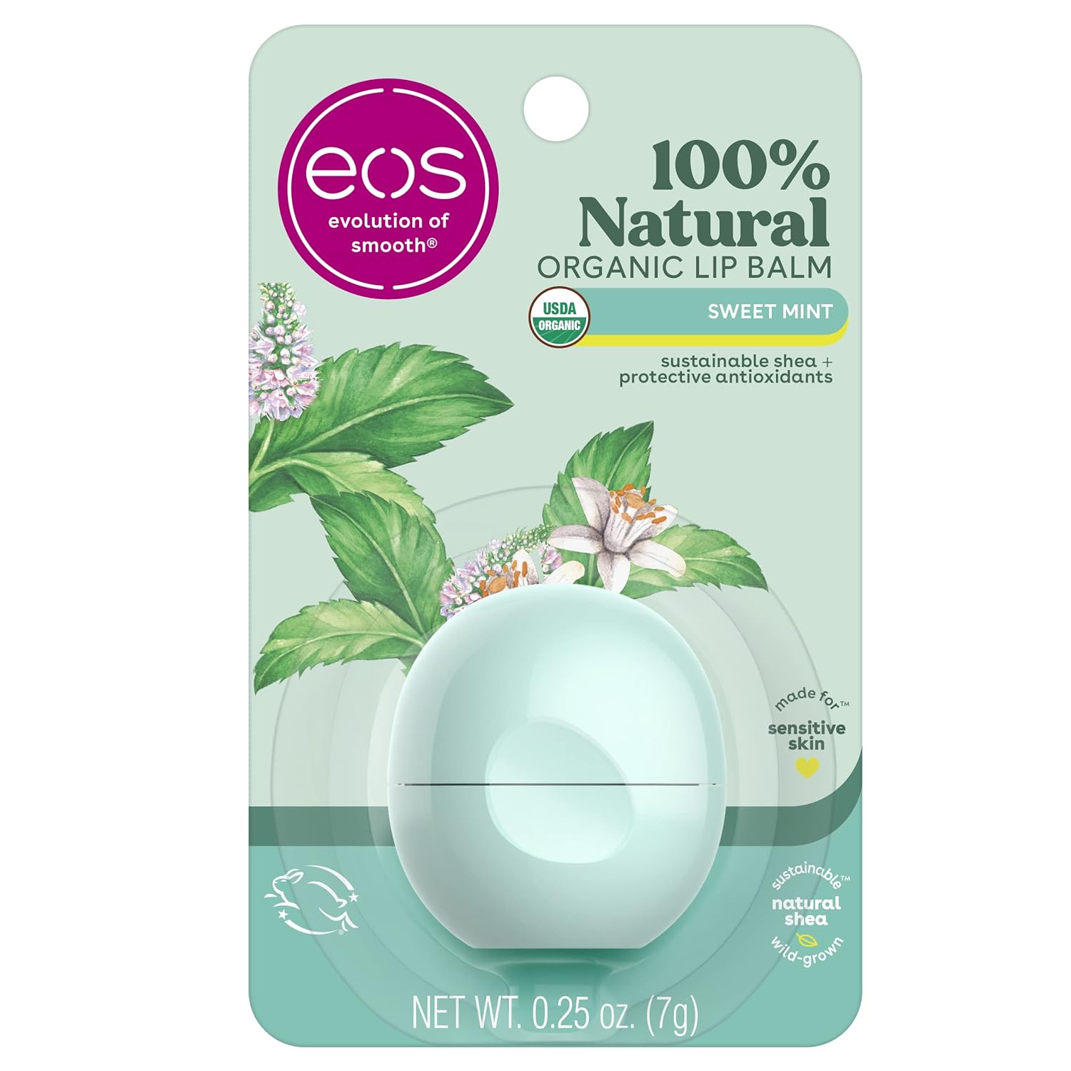 Eos 100% Natural & Organic Lip Balm- Sweet Mint, Dermatologist Recommended, All-Day Moisture, Made For Sensitive Skin, Lip Care Products, 0.25 Oz