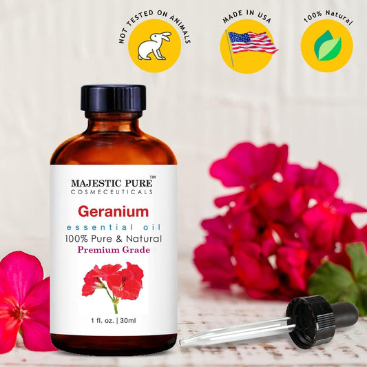 MAJESTIC PURE Geranium Essential Oil - 100% Pure & Natural Rose Geranium Oil - Geranium Oil for Skin, Hair Growth, Body, Massage, Aromatherapy, Diffuser, Candle & Soap Making - 1 fl oz
