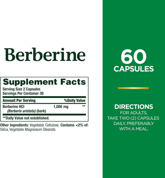 Nature'S Bounty 1000Mg Berberine Herbal Health Capsules Support Heart And Cardiovascular Health, Help Maintain Healthy Cholesterol, Triglyceride, And Blood Sugar Levels, 60 Capsules