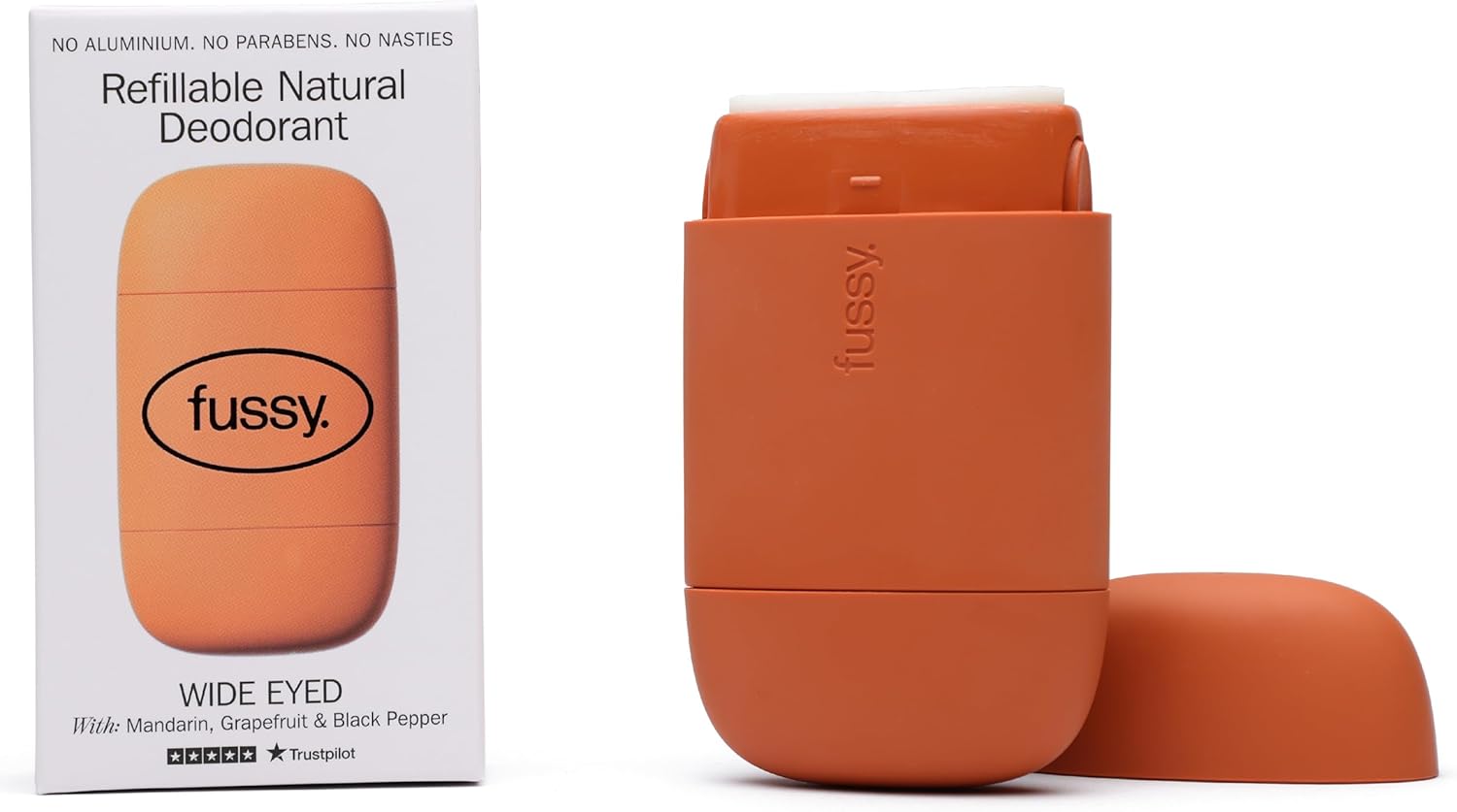 Fussy - Natural Refillable Deodorant - Aluminium Free - 24 Hour Protection - Citrus Scent & Burnt Orange Case - Mandarin, Grapefruit & Pepper - Vegan & Cruelty Free - 100% Natural & Effective