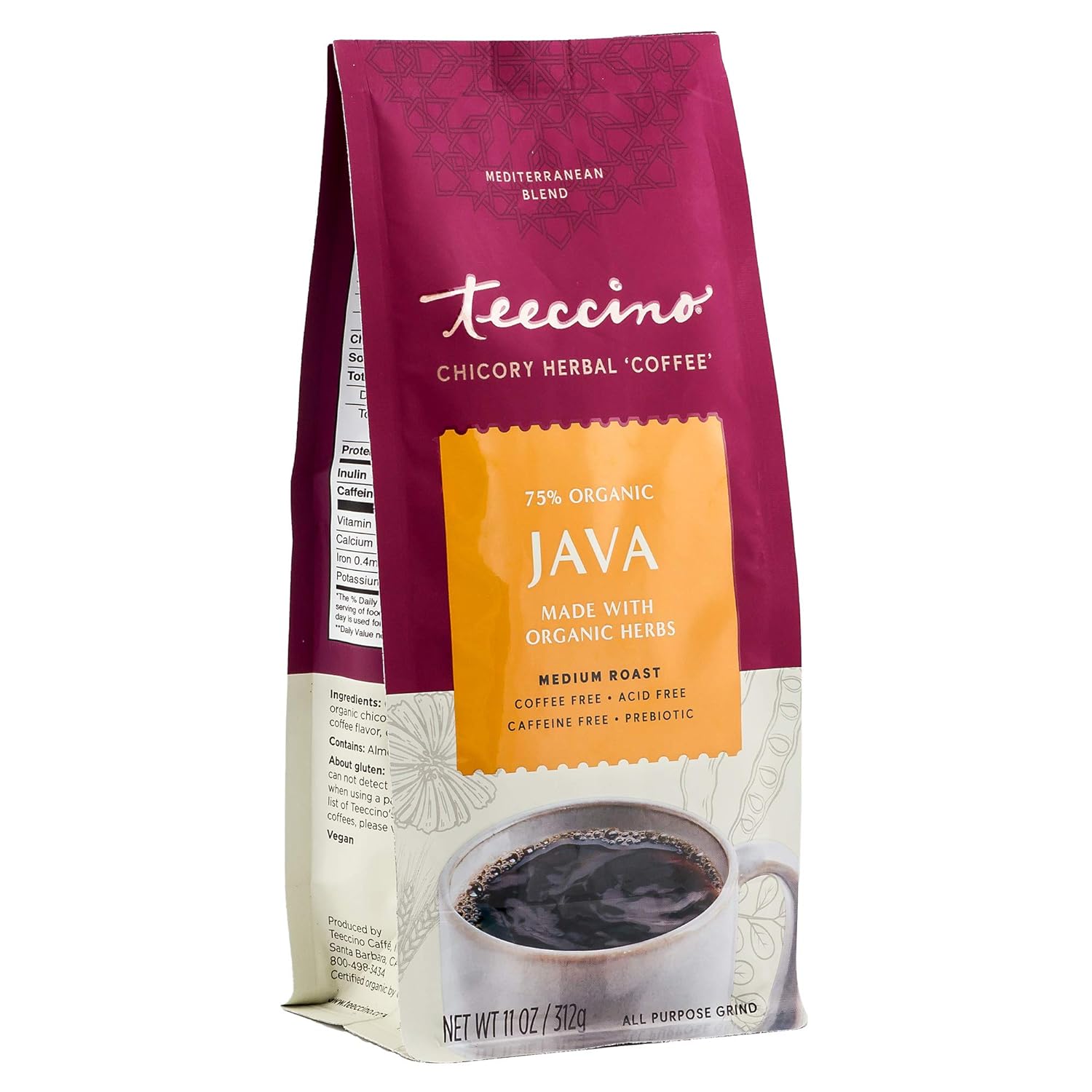 Teeccino Java Chicory Coffee Alternative - Ground Herbal Coffee That’S Prebiotic, Caffeine Free & Acid Free, Medium Roast, 11 Ounce