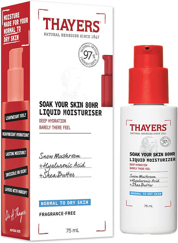 Thayers Soak Your Skin 80Hr Liquid Moisturizer - Face Moisturizer With Hyaluronic Acid And Snow Mushroom - Dermatologist Tested Skin Care For Normal To Dry Skin - 75 Ml