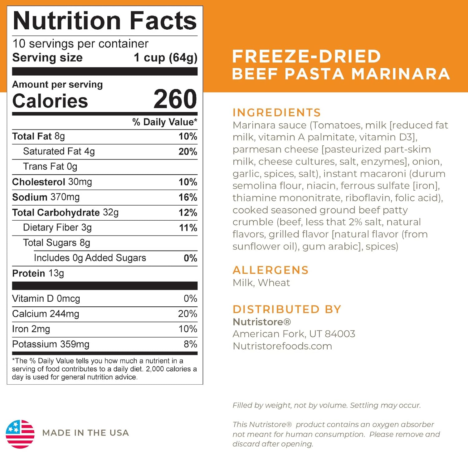 Nutristore Freeze-Dried Beef Pasta Marinara | Emergency Survival Bulk Food Storage Meal | Perfect for Everyday Quick Meals and Long-Term Storage | 25 Year Shelf Life | USDA Inspected (1-Pack) : Sports & Outdoors