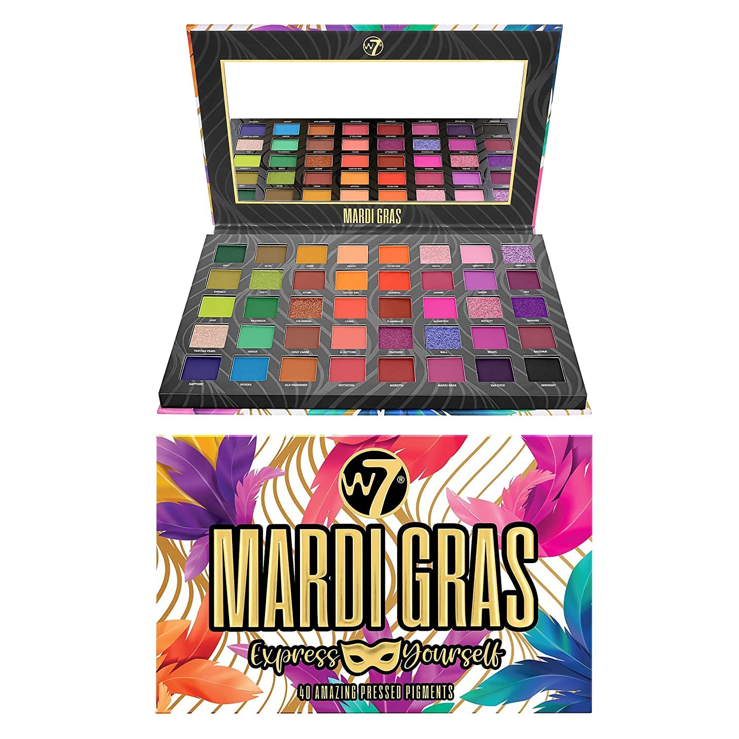 W7 Mardi Gras Pressed Pigment Palette - 40 High Impact Party Colors - Flawless Long-Lasting Bold Makeup : Beauty & Personal Care