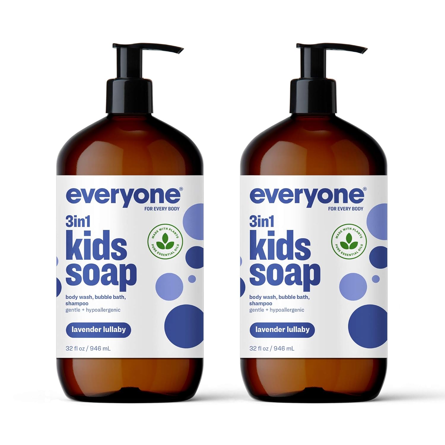 Everyone 3-in-1 Kids Soap, Body Wash, Bubble Bath, Shampoo, 32 Ounce (Pack of 2), Lavender Lullaby, Coconut Cleanser with Organic Plant Extracts and Pure Essential Oils (Packaging May Vary)