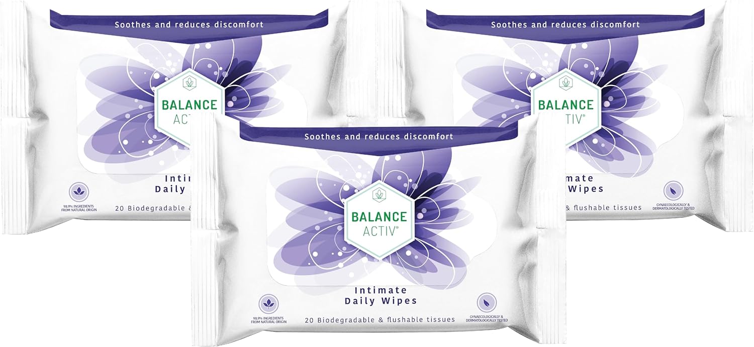 Balance Activ Intimate Wipes | Biodegradable, Flushable & pH Balancing | Natural Extracts of Aloe Vera, Mallow & Calendula to Soothe & Reduce Discomfort | 20 Wipes (Pack of 3)