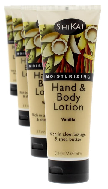 ShiKai Vanilla Hand & Body Lotion (8oz, Pack of 4) | Daily Moisturizing Skincare for Dry and Cracked Hands | With Aloe Vera & Vitamin E