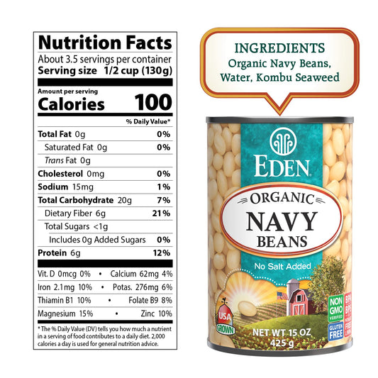 Eden Organic Navy Beans, 15 Oz Can, Dry, Organic, Pearl Haricot, Yankee Bean, Boston Bean, Non-Gmo