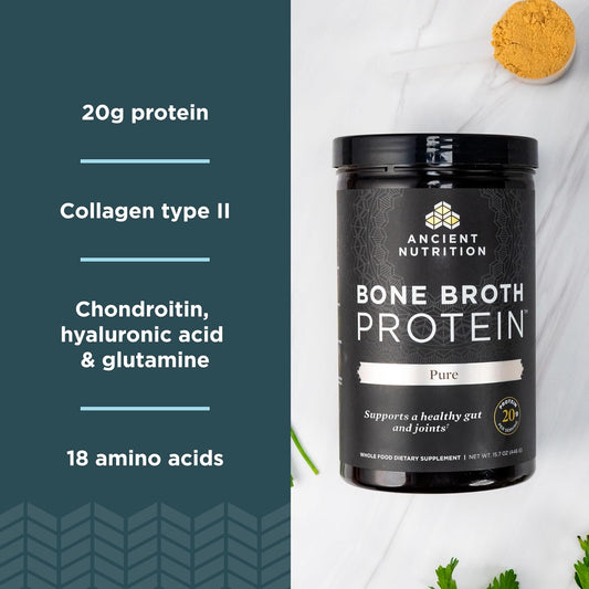 Ancient Nutrition Grass Fed, Cage Free, Bone Broth Protein Powder, 20G Protein, Hydrolyzed Collagen Peptides, Keto & Paleo Friendly, Supports Joint & Gut Health, Pure, 40 Servings