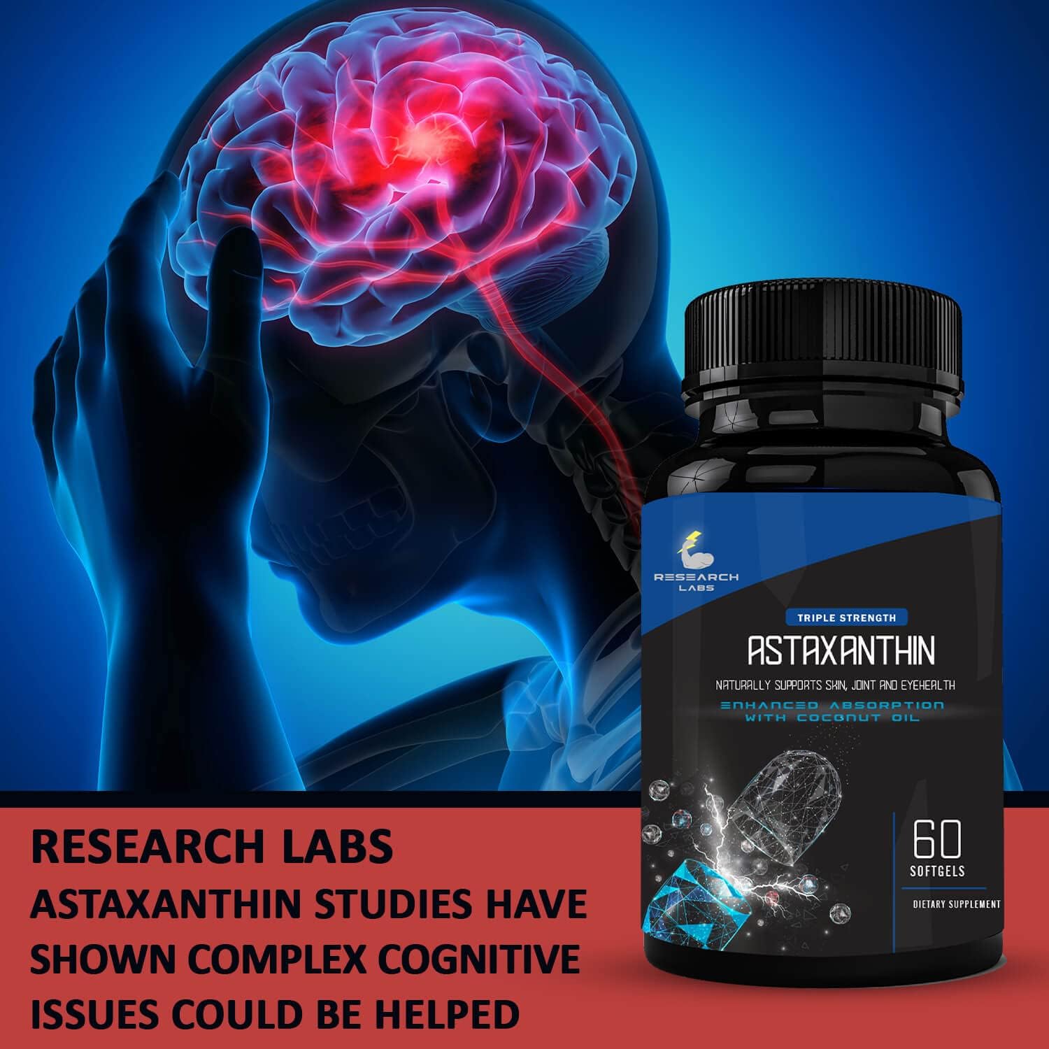 Research Labs Triple Strength Natural Astaxanthin 12Mg Softgels + Extra Bottle Organic Coconut Oil For Enhanced Absorption Powerful Antioxidant Supports Eye Joint & Heart Health 120 Total Softgels : Health & Household
