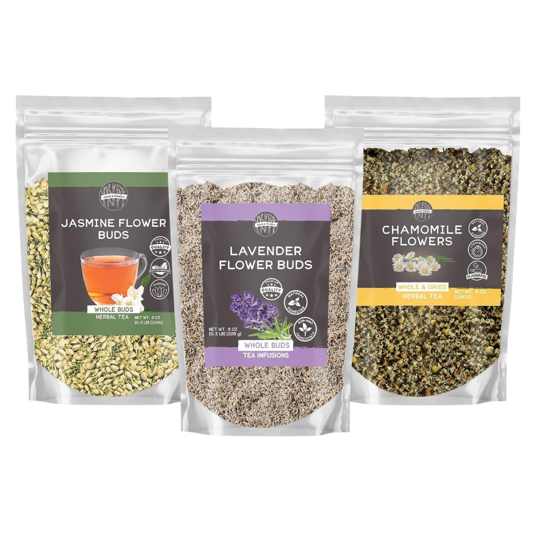 Birch & Meadow Jasmine, Lavender, And Chamomile Flowers Bundle, 8 Oz Each, Whole & Dried, Herbal Teas, Diy