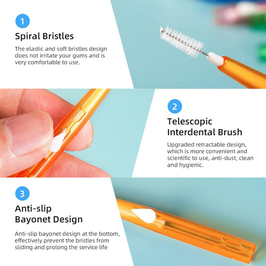 Annhua Interdental Brushes 100 Pcs, Dental Brushes Push-Pull, Dental Floss Brushes with Storage Case (Orange, Yellow, Pink, Green, Blue)