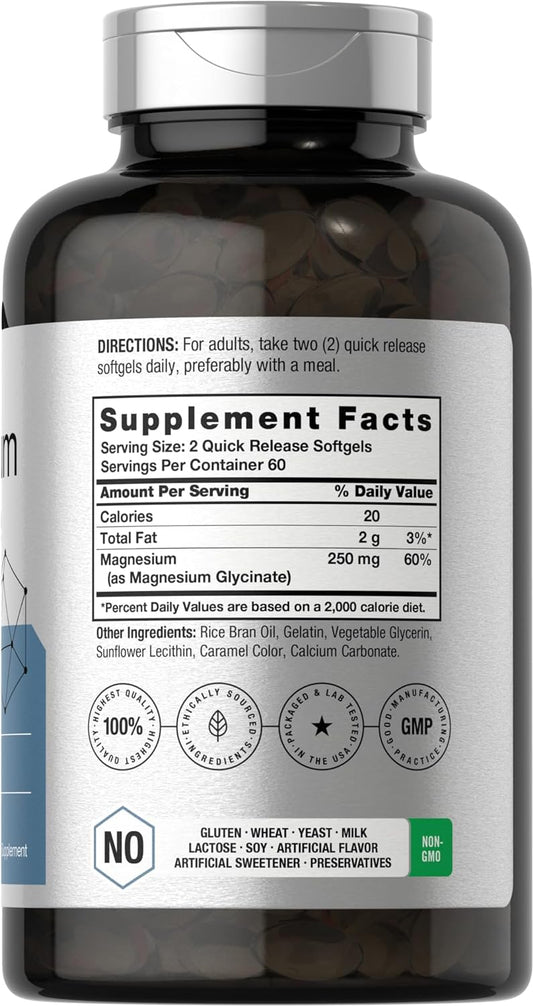 Horbäach Magnesium Glycinate | 250mg | 120 Softgels | Non-GMO and Gluten Free Supplement