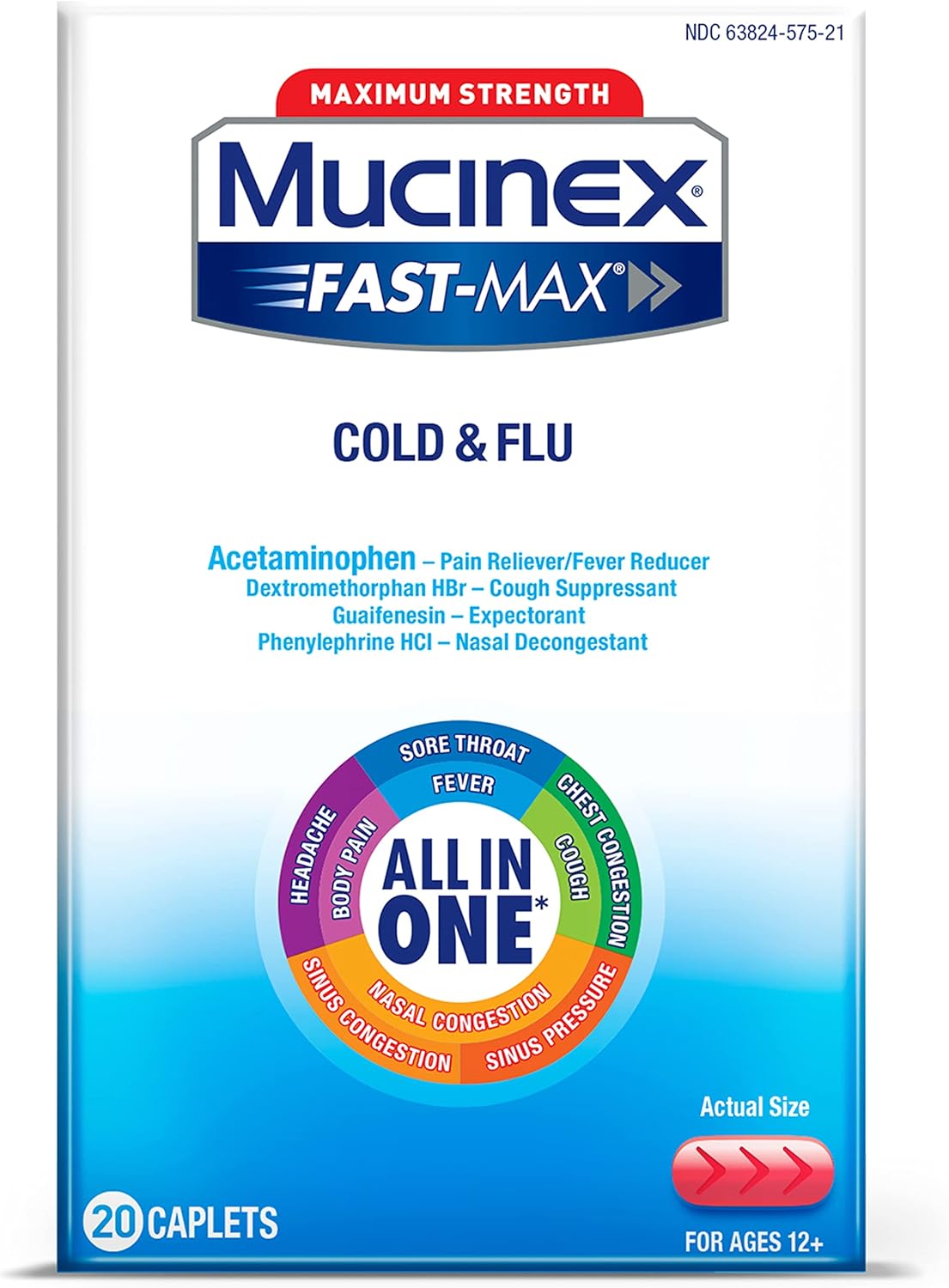 Mucinex Fast-Max Max Strength Cold And Flu Medicine For Adults, Daytime Cold Medicine, Over-The-Counter Medication With Acetaminophen, Dextromethorphan Hbr, Guaifenesin, Phenylephrine Hcl, 20 Caplets