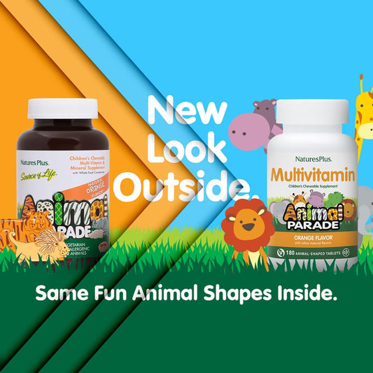 Natures Plus Animal Parade Children'S Chewable Multivitamin - Orange Flavor - 180 Animal-Shaped Tablets - Promotes Health & Well-Being - Vegetarian, Gluten Free - 90 Servings