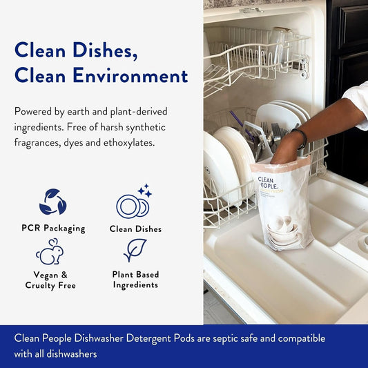 Clean People Dishwasher Pods - Cuts Grease & Rinses Sparkling Clean - Residue-Free - Phosphate Free Dishwashing Pods - Fragrance Free, 30 Pack